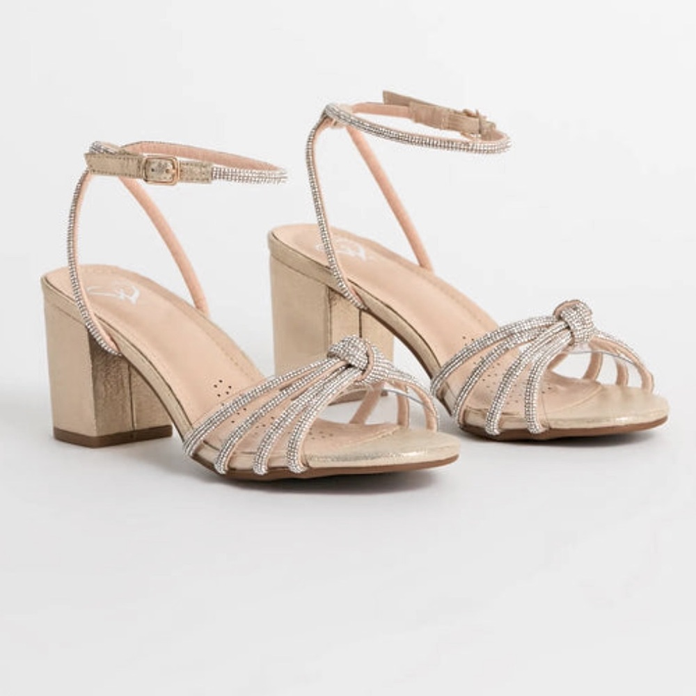 Metallic rhinestone block heels